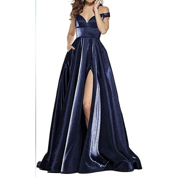 Elegant Navy Blue Gown Size 4 Shimmer Off‑Shoulder A‑Line High Slit Lace‑Back - Picture 2 of 16